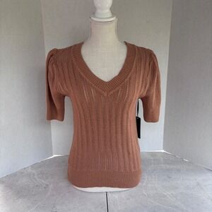 Rachel Rachel Roy Brown Knit V Neck Top Large NewPuff Sleeve Sweater